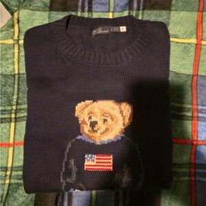 Ralph Lauren Navy Bear Crewneck Sweater with Flag Motif